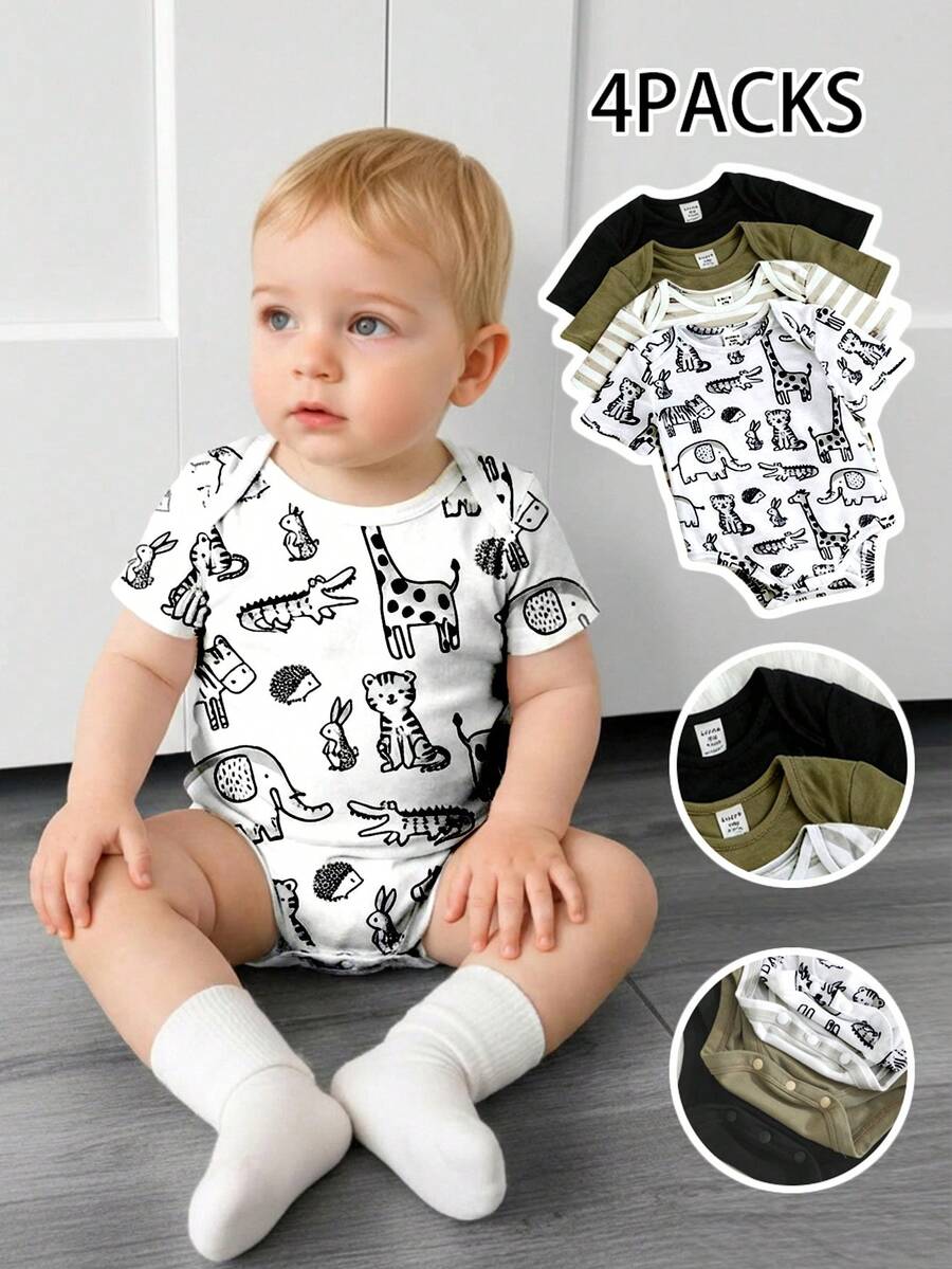 4件套婴儿男女宝宝可爱针织卡通长颈鹿、兔子、老虎、鳄鱼图案弹力条纹短袖连体衣基础款套装 - 彩色 - 查看 1