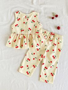 SHEIN Vintaside Kids 女婴两件套夏季套装，蓝白格子樱桃印花无袖上衣搭配同色长裤，清新乡村风，适合海滩度假、公园郊游和日常穿着。 - 黃色 - 查看 2