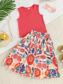 SHEIN Kids Vacation Style Rib-Knit Tank Top And Colorful Botanical Pattern Skirt Co-Ords Set Two-Piece Outfit - Coffee Brown - View 3