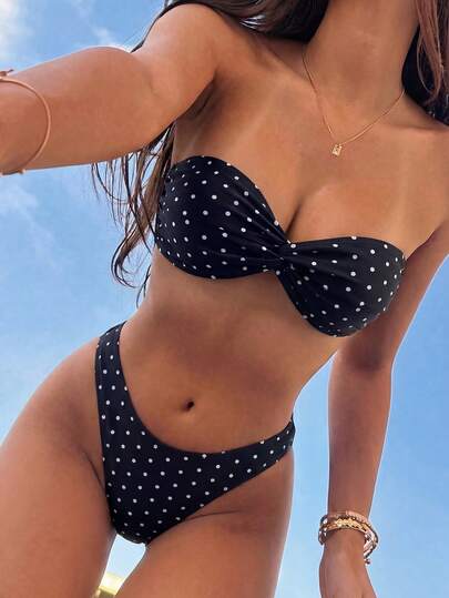 Swim Basics Bikini de dos piezas con estampado de lunares tropicales para mujer, casual para vacaciones