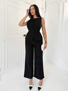 Shopreo Bộ đồ đi làm thanh lịch cổ tròn màu trơn cho nữ, bộ đồ mùa hè thu cho nữ, bộ đồ công sở, trang phục công sở thường ngày cho nữ, bộ đồ hai mảnh, bộ đồ công sở cho nữ, bộ đồ mùa thu cho nữ, bộ đồ blazer cho nữ - màu đen - Xem 5