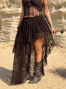 Rustia Plus Size Women Elastic Waist Lace Patchwork High Slit Layered Ruffle Skirt - Coffee Brown - View 8