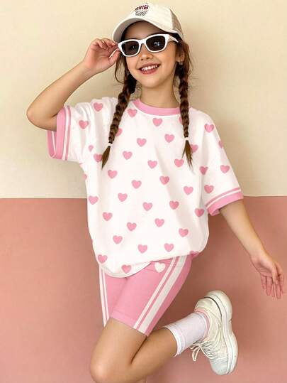 2pcs/Set Tween Girls' Sweet Heart Print Contrast Stripe Round Neck Short Sleeve T-Shirt And Bike Shorts Set, Casual Loose Fit, Suitable For Spring/Summer Daily Wear, Streetwear, Vacation, Homecoming, Back To School