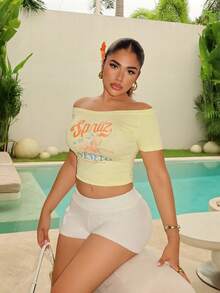 Maria Perezxox 女式夏季修身不对称肩部 T 恤，鸡尾酒橙色意大利海滩 VENETO 基本款露肩上衣 - 黃色 - 查看 1