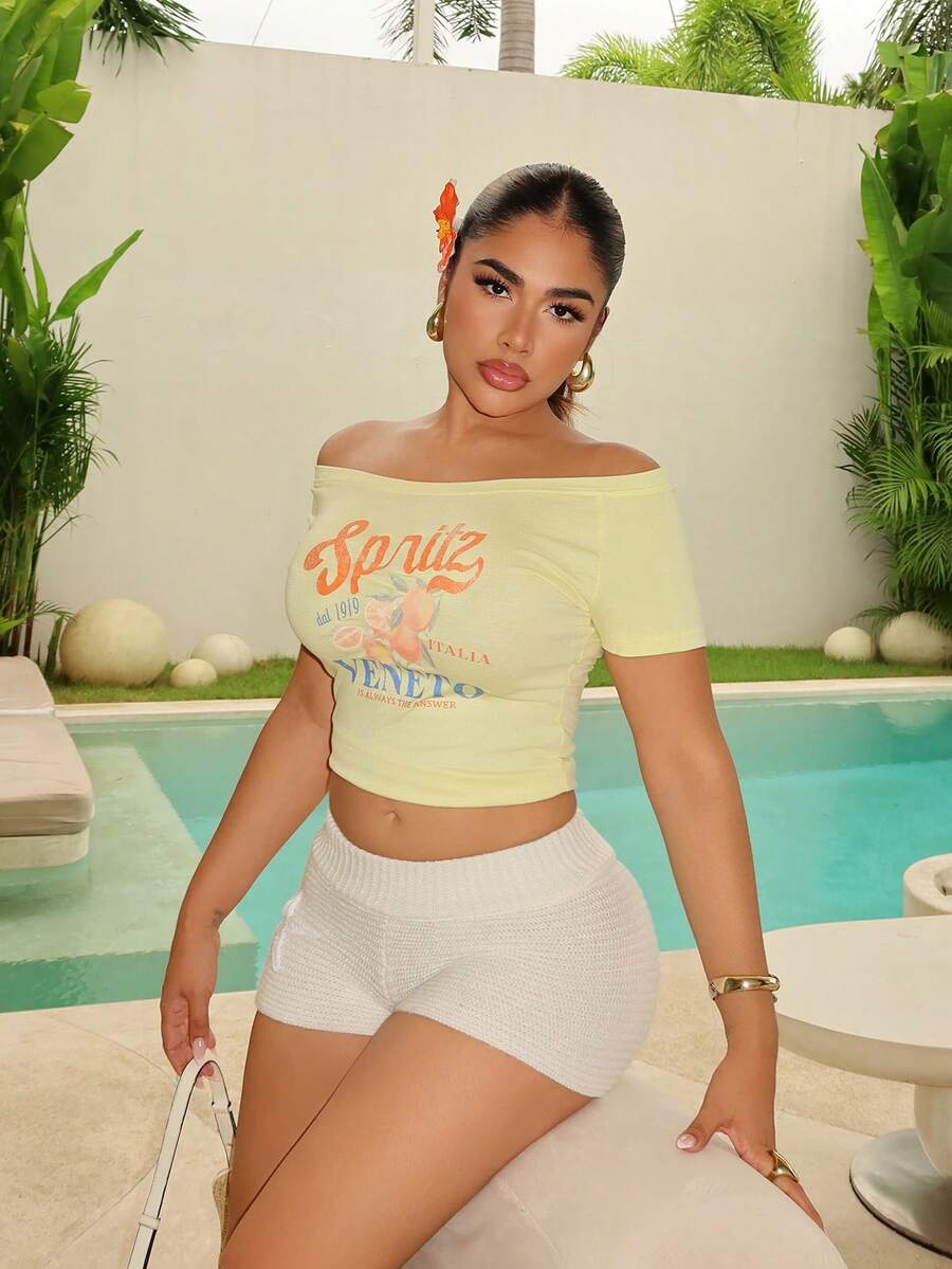 Maria Perezxox 女式夏季修身不对称肩部 T 恤，鸡尾酒橙色意大利海滩 VENETO 基本款露肩上衣 - 黃色 - 查看 1