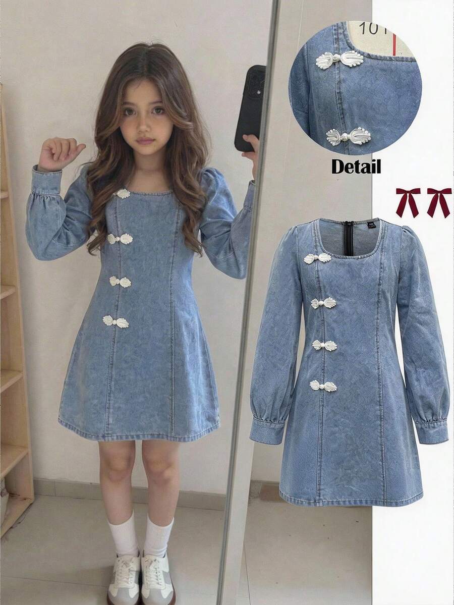 SHEIN Đầm ngắn cổ vuông bằng vải denim xanh cho bé gái - Rửa nhẹ - Xem 1