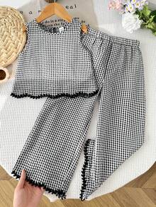 SHEIN 女童格子荷叶边吊带背心和裤子套装，休闲假日装 - 黑與白 - 查看 1