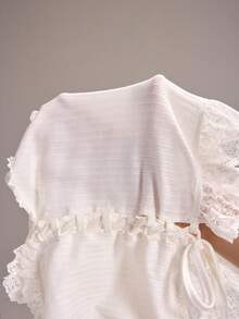 Y2Kool Women's Summer Fashion Solid Color Criss-Cross Contrast Lace Ruffle Trim Top - White - View 7