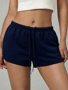SHEIN PETITE Quần short nữ màu trơn, cạp chun, dáng rộng, thoải mái, kiểu dáng thường ngày. - Màu xanh hải quân - Xem 4