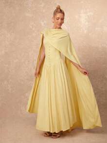 Lumalex Women's Solid Color Draped Design Ruched Waist Elegant Long Dress For Party - Light Yellow - View 7