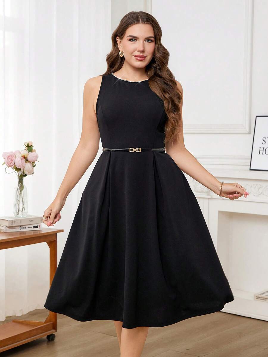 Levarali Gaun Tanpa Lengan Panjang Sedang Warna Hitam Elegan untuk Wanita Ukuran Plus, Kerah Rantai Rhinestone Jahitan Tangan, Pakaian Pesta Minimalis untuk Makan Malam & Kantor
