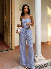 Aloruh Bộ đồ đi nghỉ mát kẻ sọc kaki, áo quây + quần ống đứng thoải mái, bộ đồ 2 mảnh gợi cảm. - Xanh và trắng - Xem 5