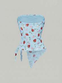 ROMWE Kawaii Áo ống dáng lệch vạt in hình dâu tây mùa hè, áo kiểu vải lưới phong cách Y2K dành cho nữ. - Màu xanh nhạt - Xem 2