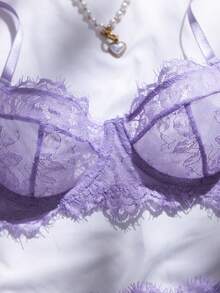 2件套玫瑰红蕾丝拼接内衣套装，成熟性感 - 淡紫色 - 查看 5