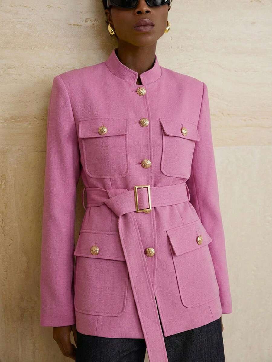 Aveloria Modichic Stand Collar Thick Tweed Single-Breasted Metal Button Decor Belt Utility Jacket - Pink - View 1