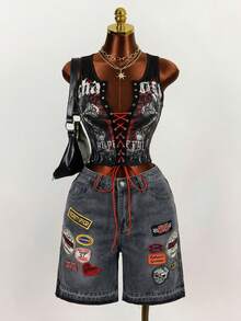 Slaydiva Quần short denim nữ kiểu dáng thường ngày, bạc màu và rách. - màu đen - Xem 5