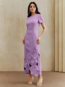 Anewsta Solid Color Straight Waist-Cinched Short Sleeve Dress With Cutout Embroidered Pearl Design, Long Dress For Women - Purple - View 5
