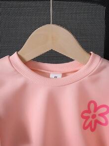 Genkimix Kids 女童宽松圆领短袖上衣，粉色，前后均印有红色花卉图案，舒适可爱，适合夏季日常玩耍、花园漫步、家庭野餐等场合。 - 粉色 - 查看 5