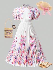SHEIN Đầm maxi in hoa dáng xòe cho bé gái tuổi teen, tay phồng và cổ bẻ, thích hợp mặc thường ngày, đi nghỉ mát và mùa xuân/hè. Đầm maxi họa tiết bướm cho nữ, đầm xuân, đầm xếp ly, đầm in hoa, đầm hoa trắng thanh lịch, đầm maxi in hoa, đầm hè xếp ly, đầm thường ngày cho nữ. - Nhiều màu - Xem 5