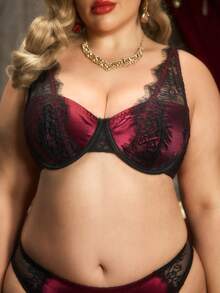 PinupPomp 1pc Plus Size Women Lace Satin Shiny Underwire Bra - Burgundy - View 6