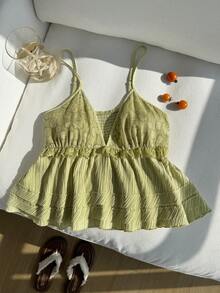 Comfortcana Áo hai dây cỡ lớn màu trơn họa tiết hoa 3D, viền bèo nhún tương phản, thích hợp mặc đi nghỉ mát. - màu xanh lá - Xem 5