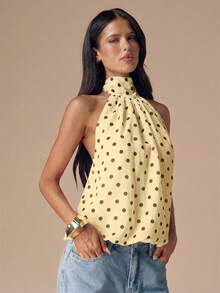 SHEIN BAE Áo croptop hở lưng cổ yếm chấm bi đen trắng gợi cảm, thích hợp cho các lễ hội âm nhạc, kỳ nghỉ. - Màu vàng - Xem 5