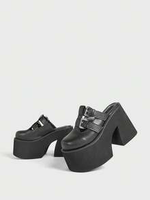 Sugerpunk Women's Black Double Buckle Platform Wedge Slide Sandals 2000s Style - Black - View 4