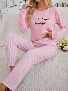 Cotton 2Pcs  Eye Printed Shirt And Striped Long Bottom Pj Set - Pink - View 4