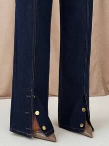 SHEIN High Waist Straight Leg Denim Jeans With Gold Button Hem - Dark Wash - View 5