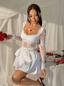 SHEIN EZwear 女士白色蕾丝圆领紧身上衣 - 白色 - 查看 4