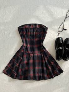 Glimmora 女士复古格子束腰抹胸连衣裙，夏季 - 彩色 - 查看 2