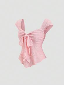 Sweetra Women's Elegant Solid Color Jacquard Tie-Front Blouse, Spring/Summer - Pink - View 3