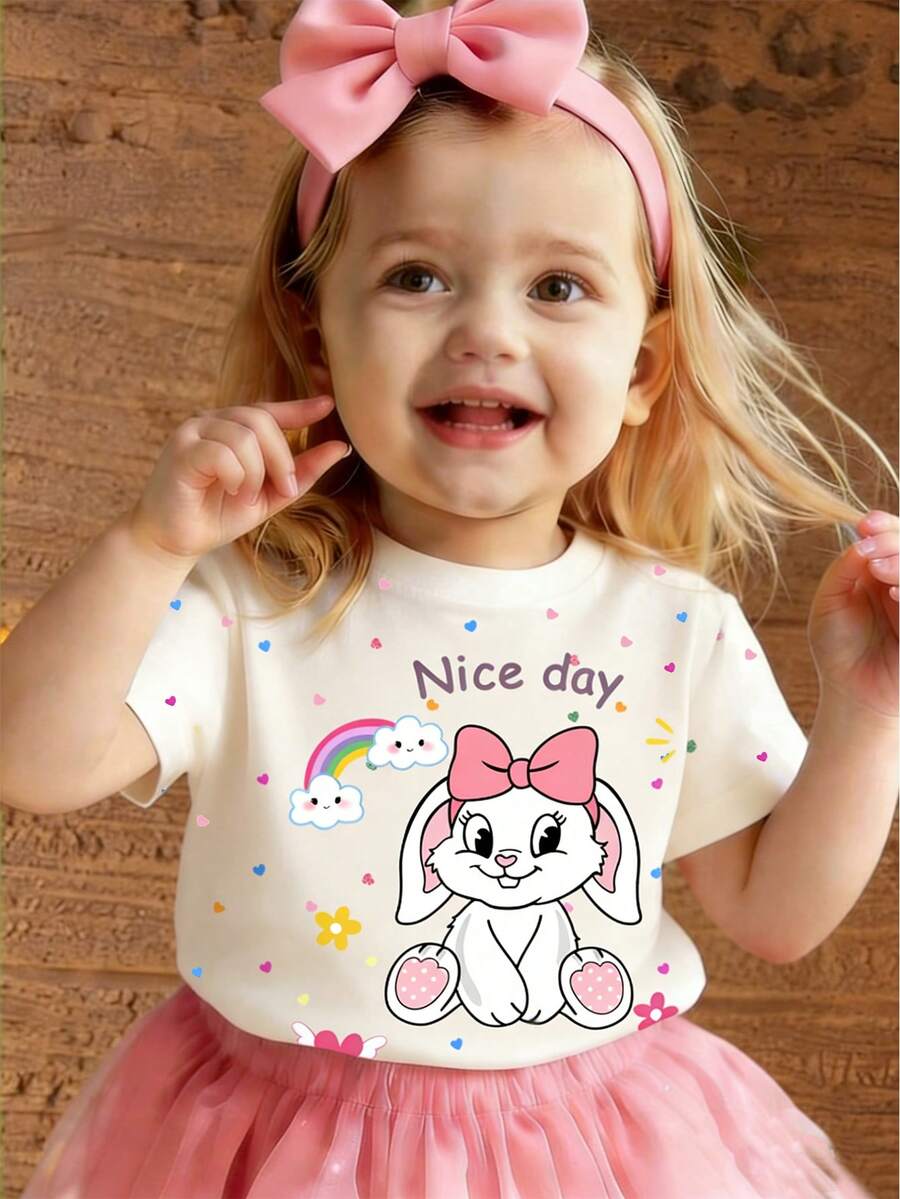 Baby Girl Cute Cartoon Letter Print Short Sleeve T-Shirt, Casual Daily Wear - Multicolor - View 1