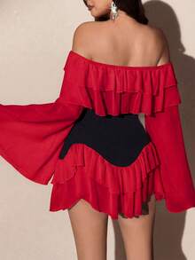 Elenzga 大码女式优雅浪漫性感黑白拼接飘逸雪纺露肩荷叶边下摆弹力修身长袖喇叭袖迷你连衣裙，春秋季 - 彩色 - 查看 2