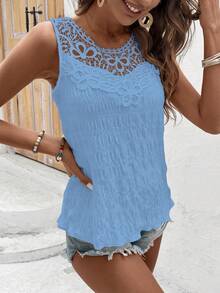 Breezaya Chemise décontractée pour femmes à col rond avec dentelle contrastée et sans manches - Bleu azur - Voir 6