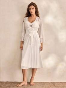 Charlaine Elegant Satin Lace Maxi Robe Nightgown Set For Women - White - View 5