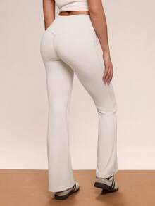 SHEIN BAE Quần legging thể thao nữ màu trơn, cạp cao, kiểu dáng thường ngày. - Màu be - Xem 2