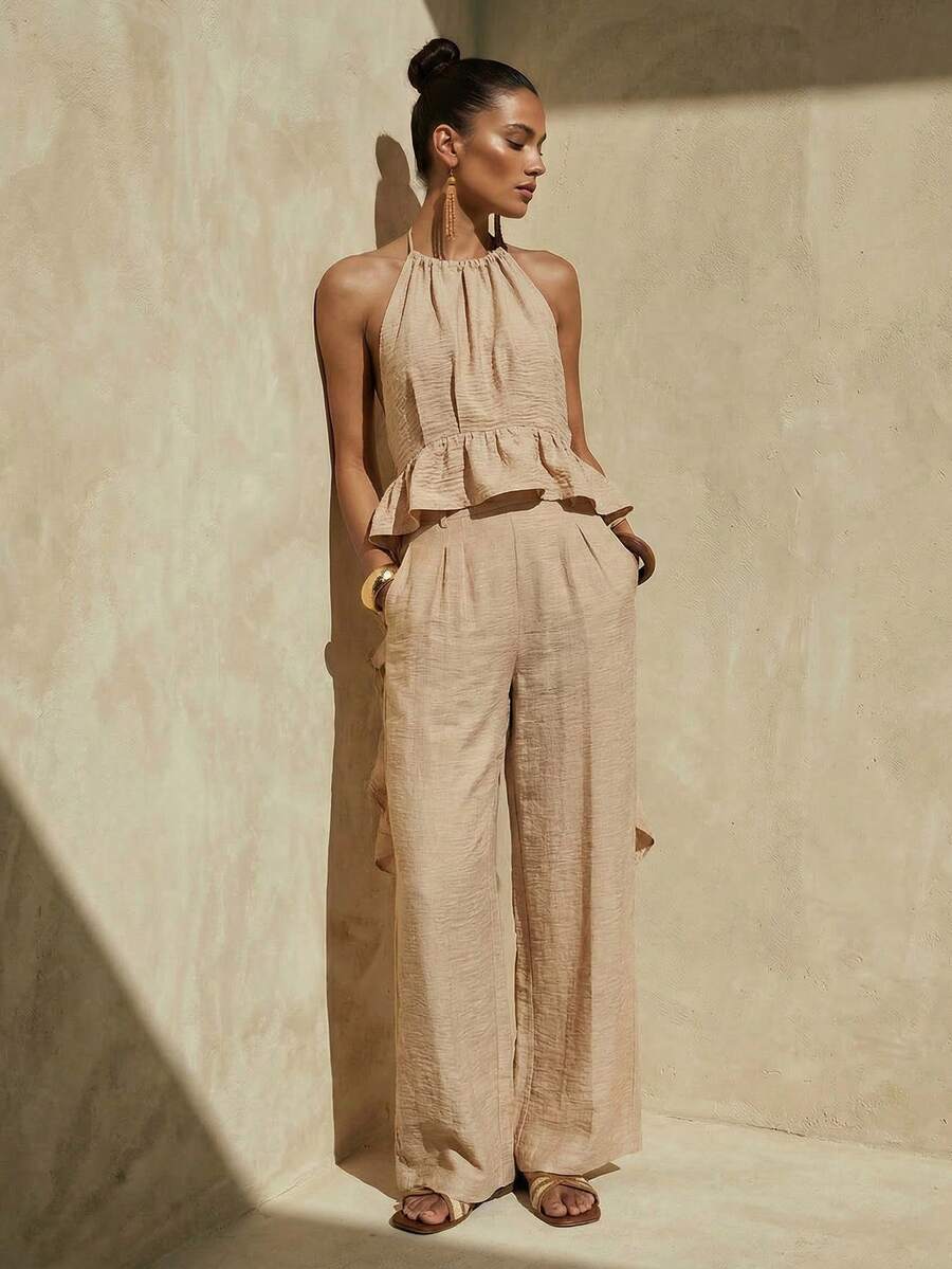 Zivah 2026 Vacation Casual Ruffled Hem Elegant Halter Top And Pants Set - Khaki - View 1
