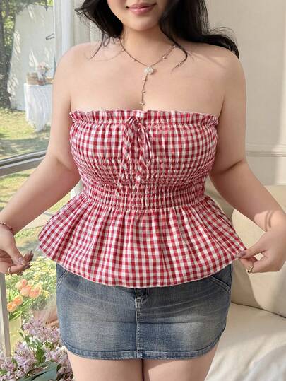 CovetEZ Áo croptop nữ cỡ lớn kẻ caro buộc dây phía trước viền bèo nhún