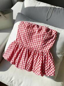 Comfortcana Áo ống nữ kẻ caro nhún bèo, kiểu dáng thường ngày, đa năng, thích hợp cho buổi hẹn hò. - Đỏ và trắng - Xem 3