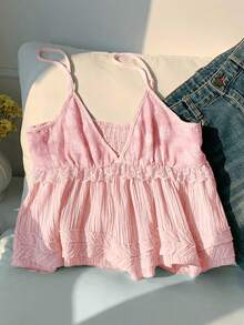 Comfortcana Camiseta de tirantes casual de unicolor con ribete de encaje para mujer - Rosa - Ver 6