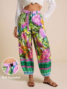 LOTSLUV Women's Floral Tropical Palm Leaf Print Harem Pants With Magenta Belt, Summer Boho Beach Vacation Holiday Tropical, Whimsical Trousers - Green - View 3