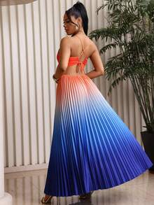 Lureya Women Multicolor Boho Long Pleated Cami Dress Ombre Random Print Ruffle Hem Sleeveless Spaghetti Strap Beachwear Prom Dresses For Women - Multicolor - View 2