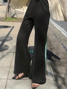 FRIFUL 女士休闲时尚街头日常通勤荷叶边喇叭裤夏季 - 黑色 - 查看 5