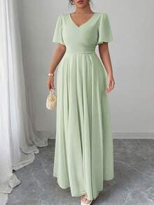 Elenzga Plus Size Women's V-Neck A-Line Chiffon Dress With Ruffle Sleeves, Simple Elegant And Romantic - Green - View 3