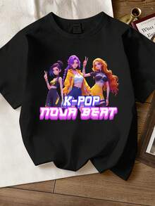 3件装女童卡通K-POP女孩图案T恤，女团风格印花紫色、黑色、粉色T恤，适合夏季穿着 - 粉色 - 查看 5