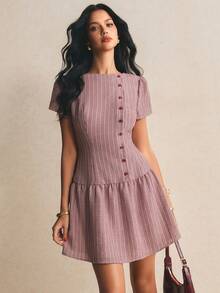 Poéselle Đầm ngắn tay cánh hoa kẻ sọc cài cúc dành cho nữ, kiểu dáng thường ngày. - Nhiều màu - Xem 2