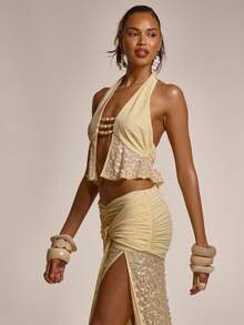 MUSERA Deep Plunge Beaded Sequin Ruched Open Back Halterneck Top Coord Top Only Cute Summer Spring Sexy Going Out Beach Holiday Vacation Honey Tides - Cream - View 3