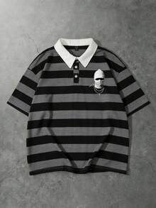 ROMWE MEN Men's Graphic & Striped Polo Shirt, Loose Fit - Dark Grey - View 3