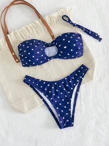 Swim Mod - Conjunto de Bikini Sólido para Playa de Verano, Top Bandeau con Decoración de Nudos y Braguita de Corte Alto, Traje de Baño de 2 Piezas - Azul - Ver 7